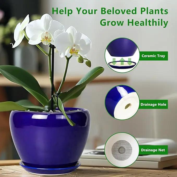 Ceramic Plant Pot 8 Inch - Planter for Outdoor Plants Indoor Plant Pot with Drainage Hole and Saucer Decorative Round Planter Modern Flower Pot for House Decor Blue by GreenHaven Gardens
