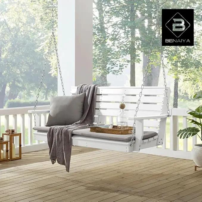 Heavy Duty Poly Lumber HDPE Porch Swing with Mounting Kit and Accessories Outdoor Hanging Chair with Cup Holders Swinging Bench for Patios, Backyard Poly Wooden Seating, Sturdy Steel Chains by GreenHaven Gardens
