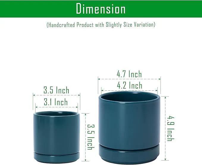 D'vine Dev 3.5 Inch & 4.7 Inch Ceramic Planter Pots for Plants with Drainage Hole and Saucer, X-Small Plant Pots Set, Teal, 94-G-XS-9 by GreenHaven Gardens