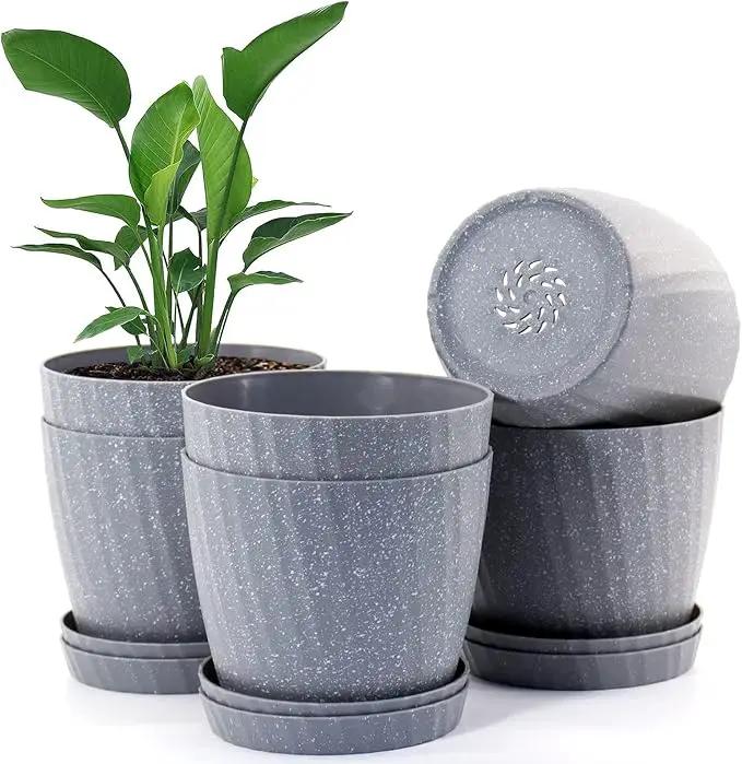 6 Inch Plant Pots Bulk, 6 Pack Plastic Planters with Drainage Holes and Saucers for Indoor Outdoor House Plants and Flowers, Grey Spots by GreenHaven Gardens