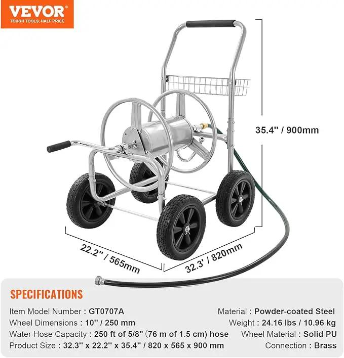 VEVOR Hose Reel Cart, Hold Up to 250 ft of 5/8’’ Hose, Garden Water Hose Carts Mobile Tools with 4 Wheels, Heavy Duty Powder-coated Steel Outdoor Planting with Storage Basket, for Garden, Yard, Lawn by GreenHaven Gardens