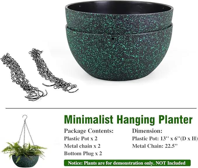 13inch Large Hanging Planters Pots for Outdoor Indoor Plants with Drainage Holes and Chain, 2pack Round Hanging Flower Pots for Garden Home Porch Decor, Black with Green Speckles by GreenHaven Gardens