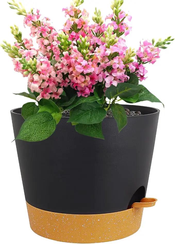 12 inch Large Self Watering Pots, Plant Pots with Mesh Drainage Holes for Indoor Outdoor Plants, Plastic Planters with Deep Reservoir for Garden House Flower Plants, Black with Brown by GreenHaven Gardens