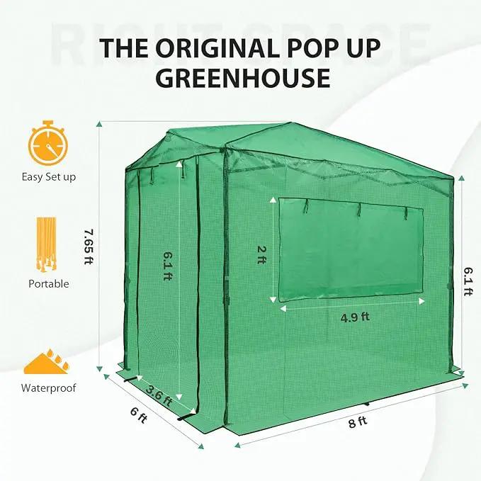 EAGLE PEAK 8x6 Portable Walk-in Greenhouse, Pop-up Indoor Outdoor Garden Green House, Zippered Doors and Windows, PE Cover, Green by GreenHaven Gardens