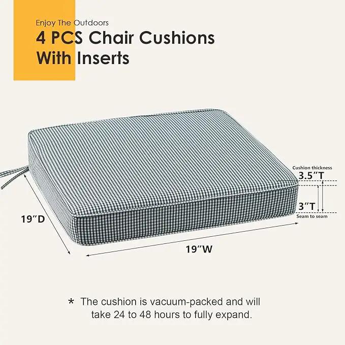 Outdoor Square Corner Seat Cushion, 19"x19"x3", Set of 4, Non Slip Seat Cushion Pads with Removable Cover for Patio Furniture, Garden Yard Lawn, Black White Mini Check by GreenHaven Gardens