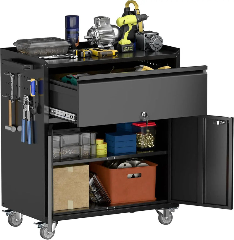 Metal Garage Storage Cabinet with Wheels and Pegboard, 35.4" H Lockable Tool Storage Cabinet with One Drawer, Adjustable Shelf and 4 Hooks for Garage, Warehouse, Black by GreenHaven Gardens
