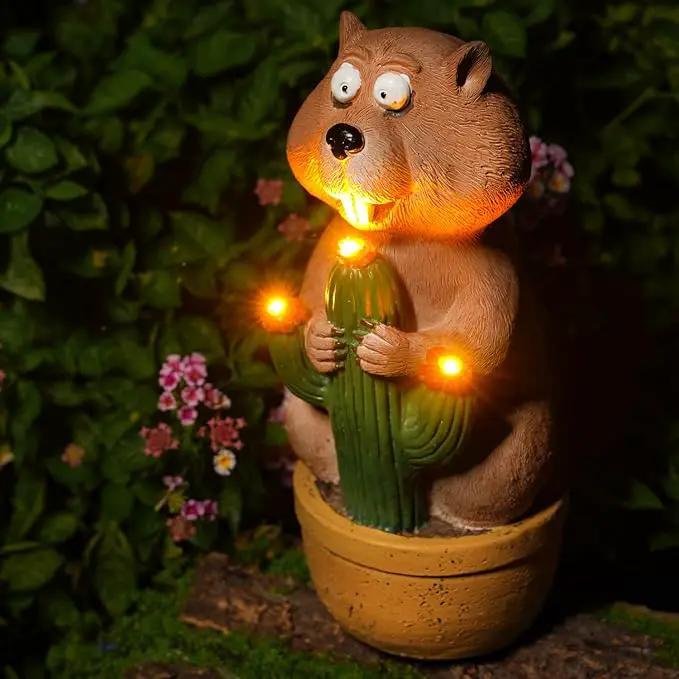 Solar Groundhog Garden Statue with LED Lights - Resin Cactus Planter Ornament for Outdoor Decor, Lawn, Patio, Yard, and Balcony, Unique Garden Gift for Women, Mom, and Grandma by GreenHaven Gardens