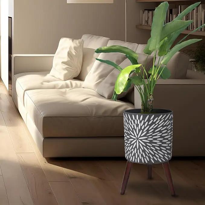 10 Inches Plant Pot with Stand, Large Modern Standing Planters for Indoor Plants with Drainage Holes, Gray Flower Pots with Legs by GreenHaven Gardens