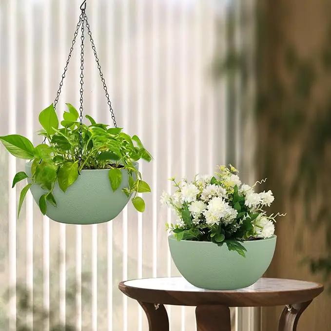 8 inch Small Hanging Planters Plant Pots for Indoor Outdoor Plants, 2 Pack Hanging Flower Pots with Drainage Holes and Chain for Garden Porch, Plastic Hanging Baskets for House Plants, Green by GreenHaven Gardens