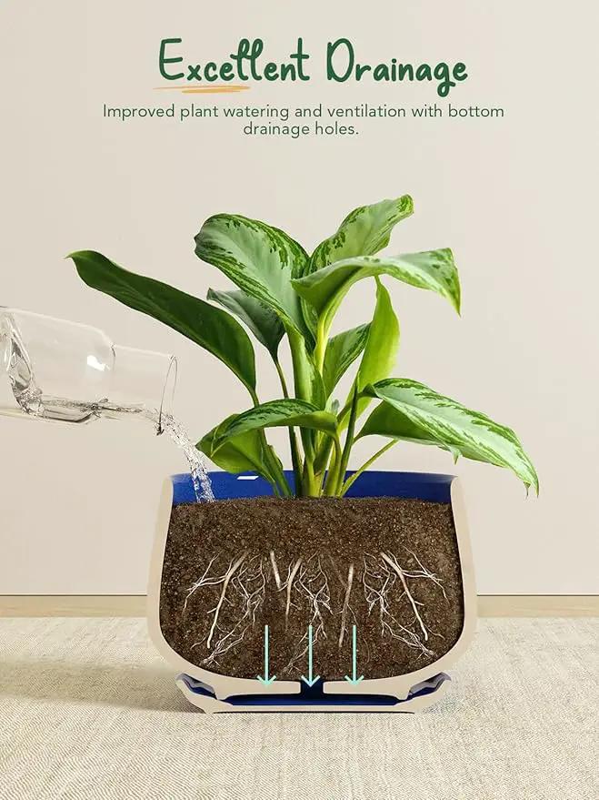 LE TAUCI Plant Pots, 4.1+5.1+6.5 inch, Set of 3, Ceramic Planters with Drainage Hole and Saucer, Indoor Flower Pot with Hole Mesh Pad, Gifts for Mom, Sapphire Blue by GreenHaven Gardens