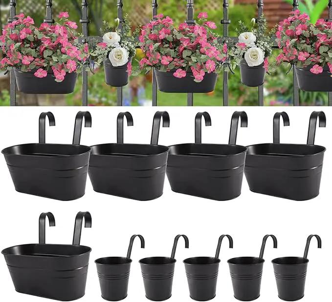 Metal Iron Flower Pots for Railing Fence Hanging Bucket Pots(5 Pcs) and Hanging Flower Pots Metal Iron Bucket Planter(10 Pcs) (Black) by GreenHaven Gardens