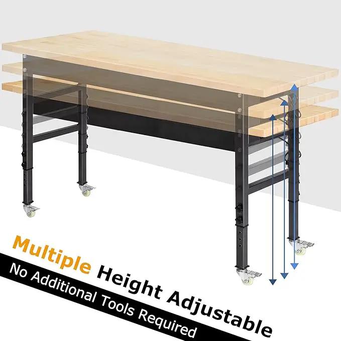 60" Adjustable Work Bench, Rubber Wood Top Workbench Heavy-Duty Work Table with Power Outlet with Wheels, 2000 LBS Load Capacity Hardwood Work Benches for Garage, Workshop, Home, Office, Easy Assembly by GreenHaven Gardens
