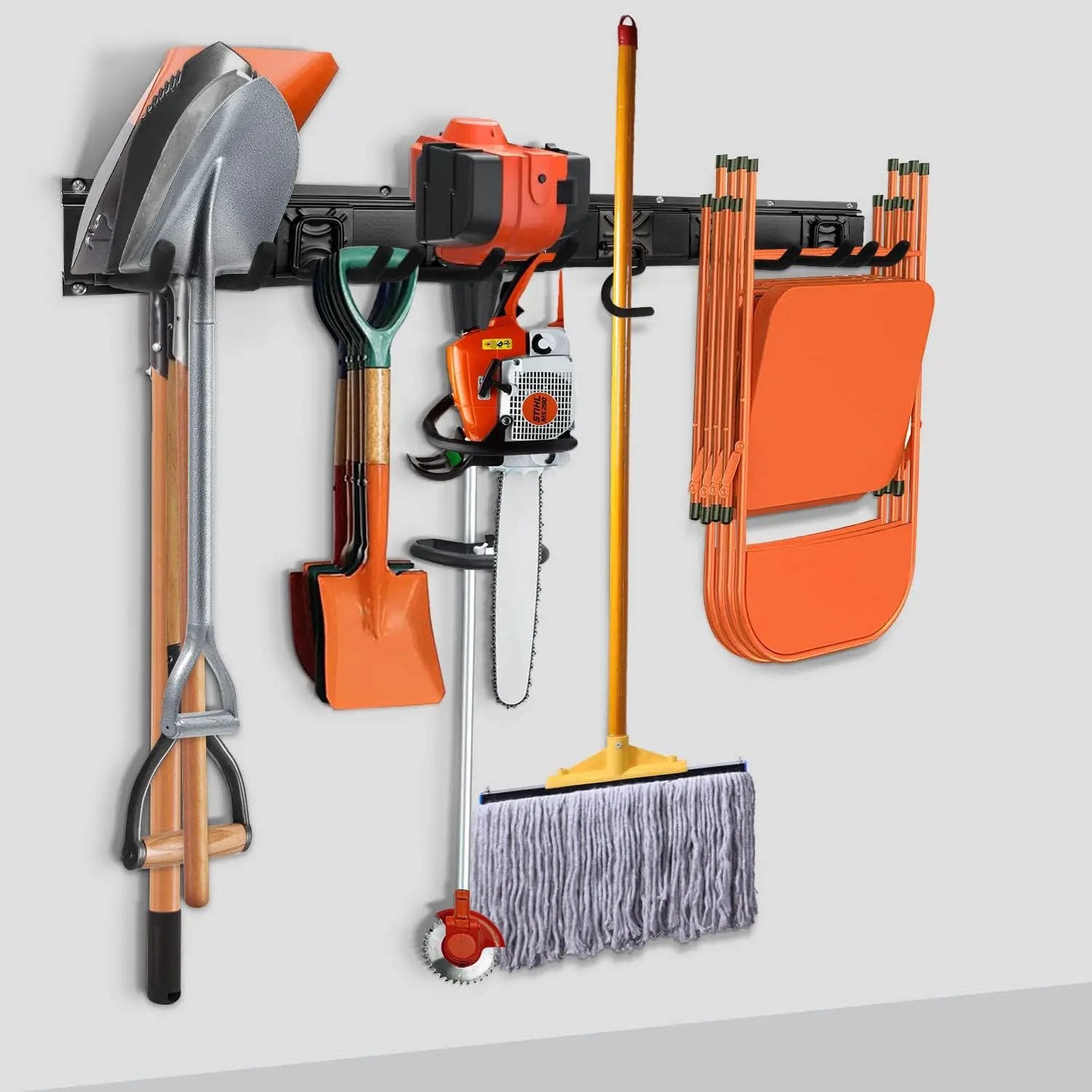 Tool Rack Kits, Garage Wall Organization Hanger with 1 Mop Hook and two 8-inch Multi-Purpose Hooks, Garden Yard Shovels Rakes for String Hedge Trimmer Brooms Hoses Folding Chairs ladders, and More by GreenHaven Gardens