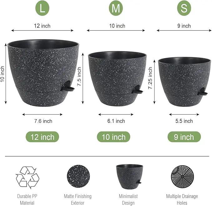 Large Self Watering Pots, 12/10/9 Plastic Planters with High Drainage Holes and Deep Reservoir for Indoor Outdoor Garden Plants and Flowers, Black Speckles by GreenHaven Gardens