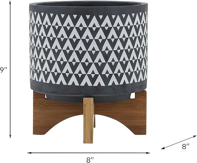 Sagebook Home 9" H 8" Diameter Dark Gray and Ivory Aztec Design Ceramic Planter with Solid Rubberwood Stand for Living Room, Bedroom, or Office by GreenHaven Gardens