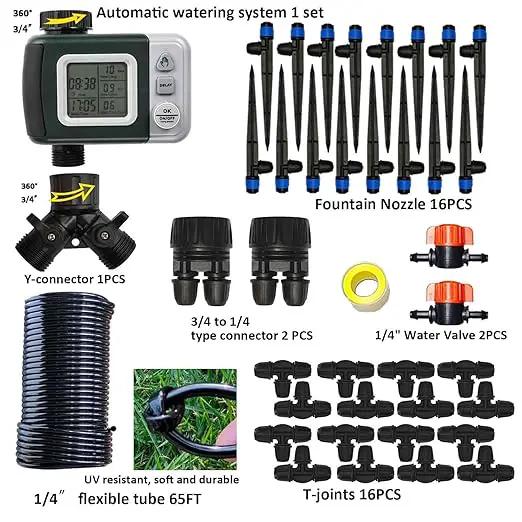 64FT Drip Irrigation Kit with Garden Timer Plant Watering System with Tubing Gushing Nozzles and Water Timer, Quick Connector Kits Easy to Assemble by GreenHaven Gardens