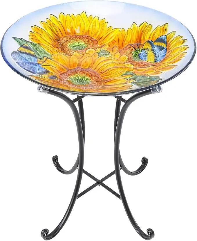 VCUTEKA Bird Baths for Outdoors, Glass Bird Bath with Metal Standing for Garden, Yards Patio Décor, Bird Lovers Gift, Sunflower Glass Birdbath Detachable (22" H * 18" W) by GreenHaven Gardens