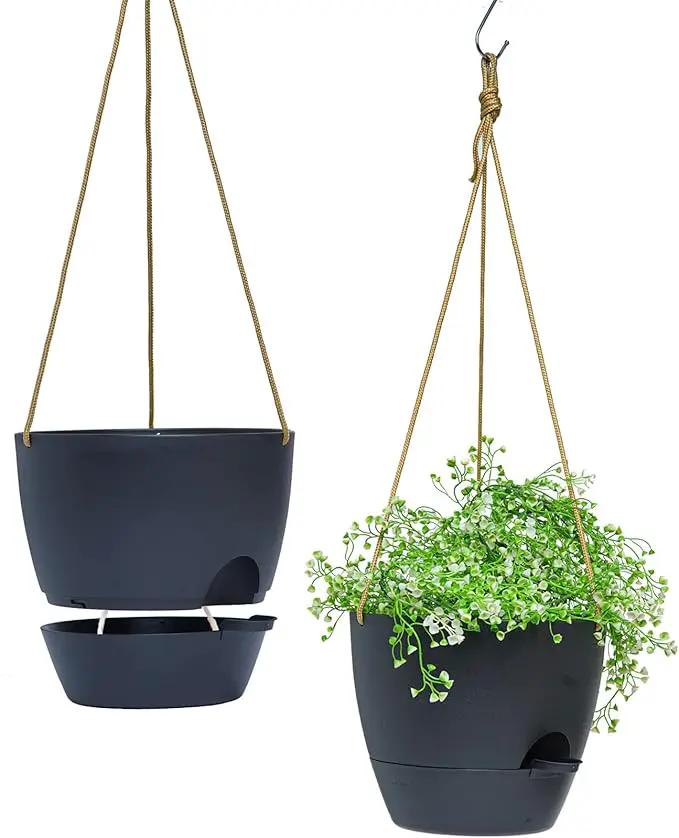8 inch Hanging Planters, 2 Pack Self Watering Hanging Pots with 20oZ Deep Reservoir for Indoor Outdoor Plants Flowers, Black by GreenHaven Gardens