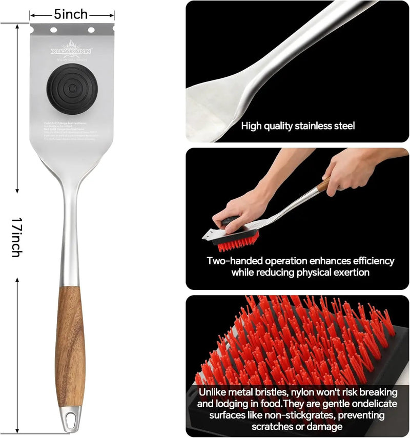 Grill Brush and Scraper, Dual Grip Design,Extra Strong BBQ Cleaner Accessories,Safe Nylon Bristles Barbecue Triple Scrubbers Cleaning Brush for Cast Iron Grates/Porcelain/Charcoal Grill by GreenHaven Gardens