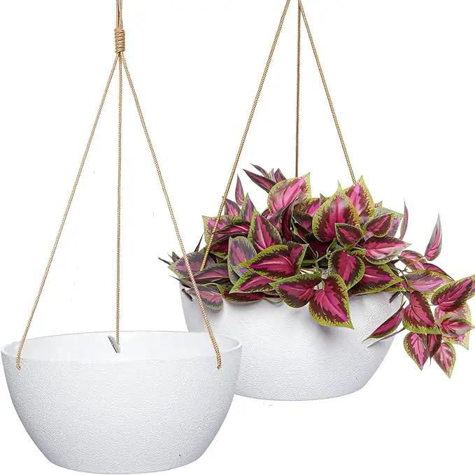 12 Inch 2 Pack Large Hanging Planters for Indoor Outdoor Plants, Plastic Hanging Basket Pots for House Plants Flowers, White by GreenHaven Gardens