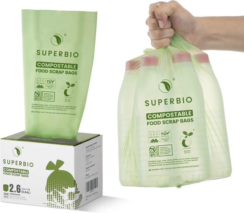 SUPERBIO 2.6 Gallon Compostable Food Waste Bags, 100 Count, 1 Pack, Flat Top Food Scrap Bags， ASTM D6400，Certified by BPI and OK compost INDUSTRIAL,9.84L by GreenHaven Gardens