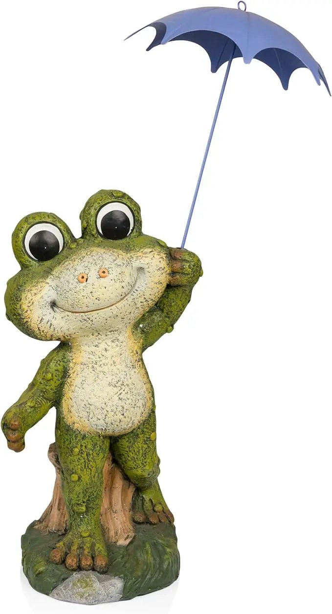 Alpine Corporation QWR1002 Indoor/Outdoor Smiling Frog with Purple Umbrella Garden Statue, Playful Frog Statue, 27" H, Green by GreenHaven Gardens