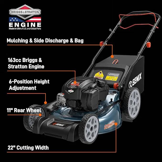 SENIX Gas Lawn Mower, 22" Self Propelled Gas Powered Lawnmower with 163cc B&S 4-Cycle Engine, 3-in-1 Walk-Behind Push Lawn Mower, 6-Position Height Adjustment by GreenHaven Gardens
