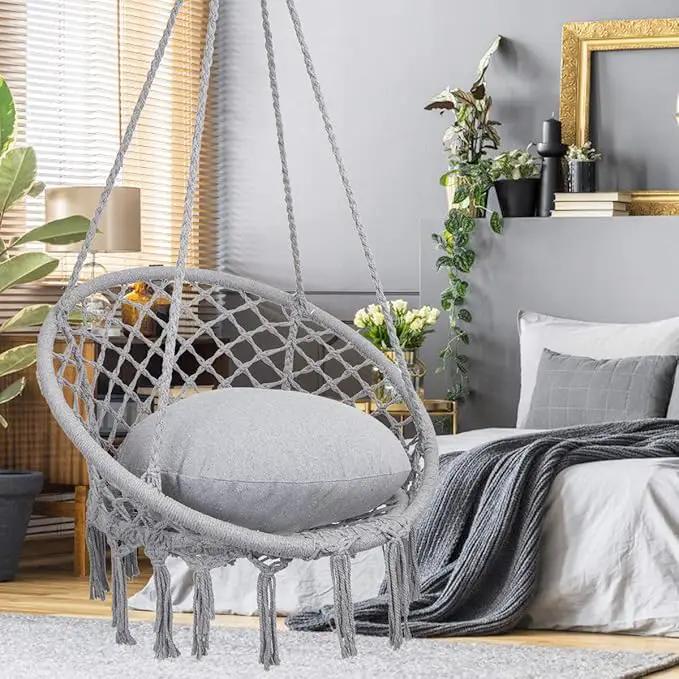 Y- STOP Hammock Chair Macrame Swing, Max 330 Lbs, Hanging Cotton Rope Hammock Swing Chair for Indoor and Outdoor Use, Light Grey by GreenHaven Gardens