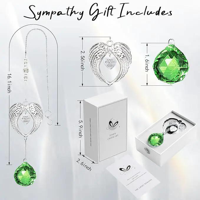Sympathy Gift Modern Grief Gift for Lose of Loved Ones, Memorial Suncatcher with 40mm Crystal Ball, Sorry for Your Lose Rainbow Maker, Bereavement Gift Idea Angel Wings Design, Green by GreenHaven Gardens