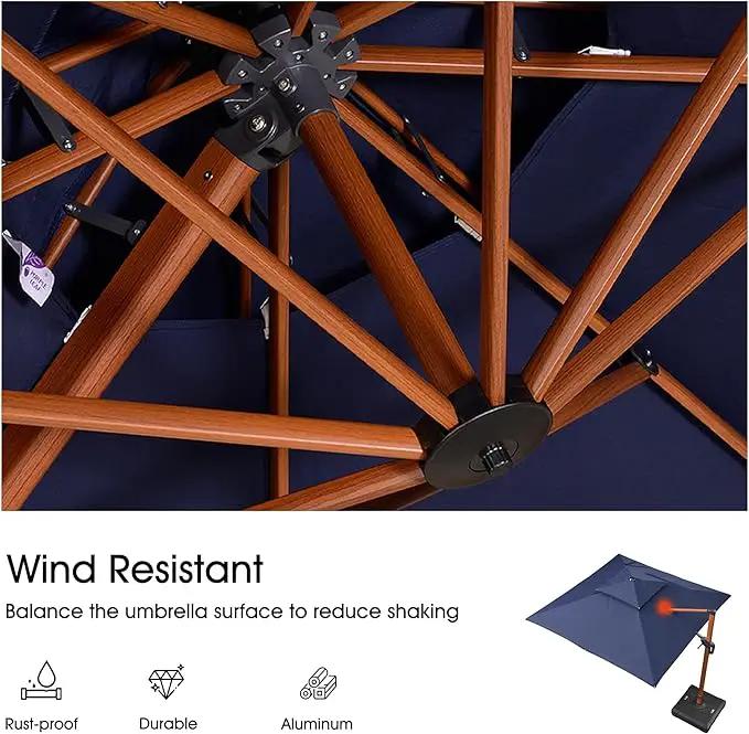 PURPLE LEAF 10' X 13' Double Top Deluxe Wood Pattern Rectangle Patio Umbrella with Base Offset Hanging Umbrella Outdoor Market Umbrella Garden Umbrella, Navy Blue by GreenHaven Gardens