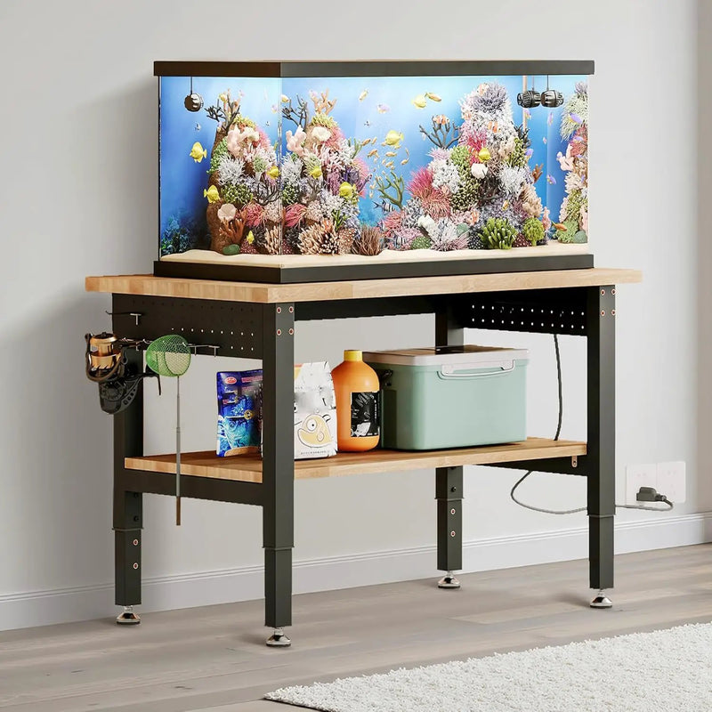 Albott 48" Adjustable 2-Tier Workbench with Solid Wood Top, Max 2000lbs Capacity, Built-in Power Strip with 4 AC Outlets & 2 USB Ports, Pegboard & 20 Hooks, Shop Garage Office by GreenHaven Gardens