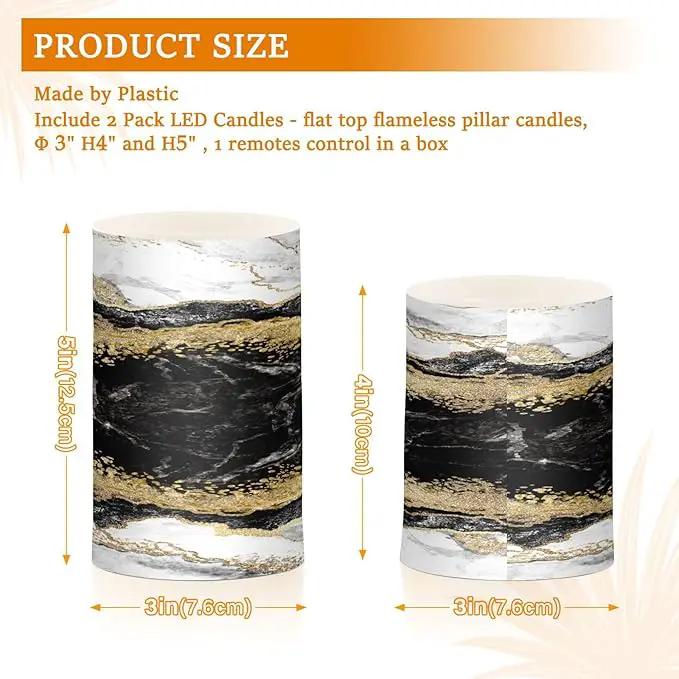 Flickering Flameless Candles, Black White Marble Gold Veins LED Candles with Remote Timer, Set of 2 Battery Operated Candle for Valentine Wedding Birthday by GreenHaven Gardens