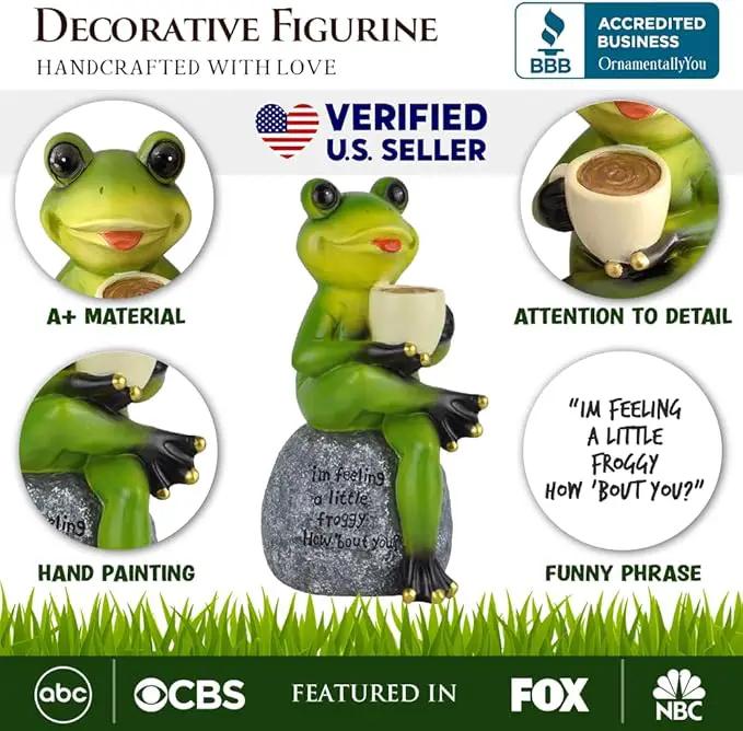 Spring & Summer-Themed Garden Statues – Adorable Outdoor Decor for Lawn, Patio & Porch (Coffee Drinking Frog Garden Statue with Funny Quote) by GreenHaven Gardens
