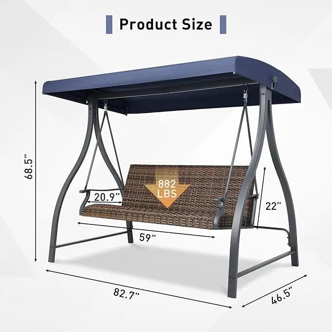 BPS 3 Seat Outdoor Porch Swing with Adjustable Canopy, PE Wicker Patio Swing Chair with Quick-Drying Foam Seat, 882 LBS Capacity, Proch Swings for Deck, Backyard, and Lawn, Dark Blue by GreenHaven Gardens