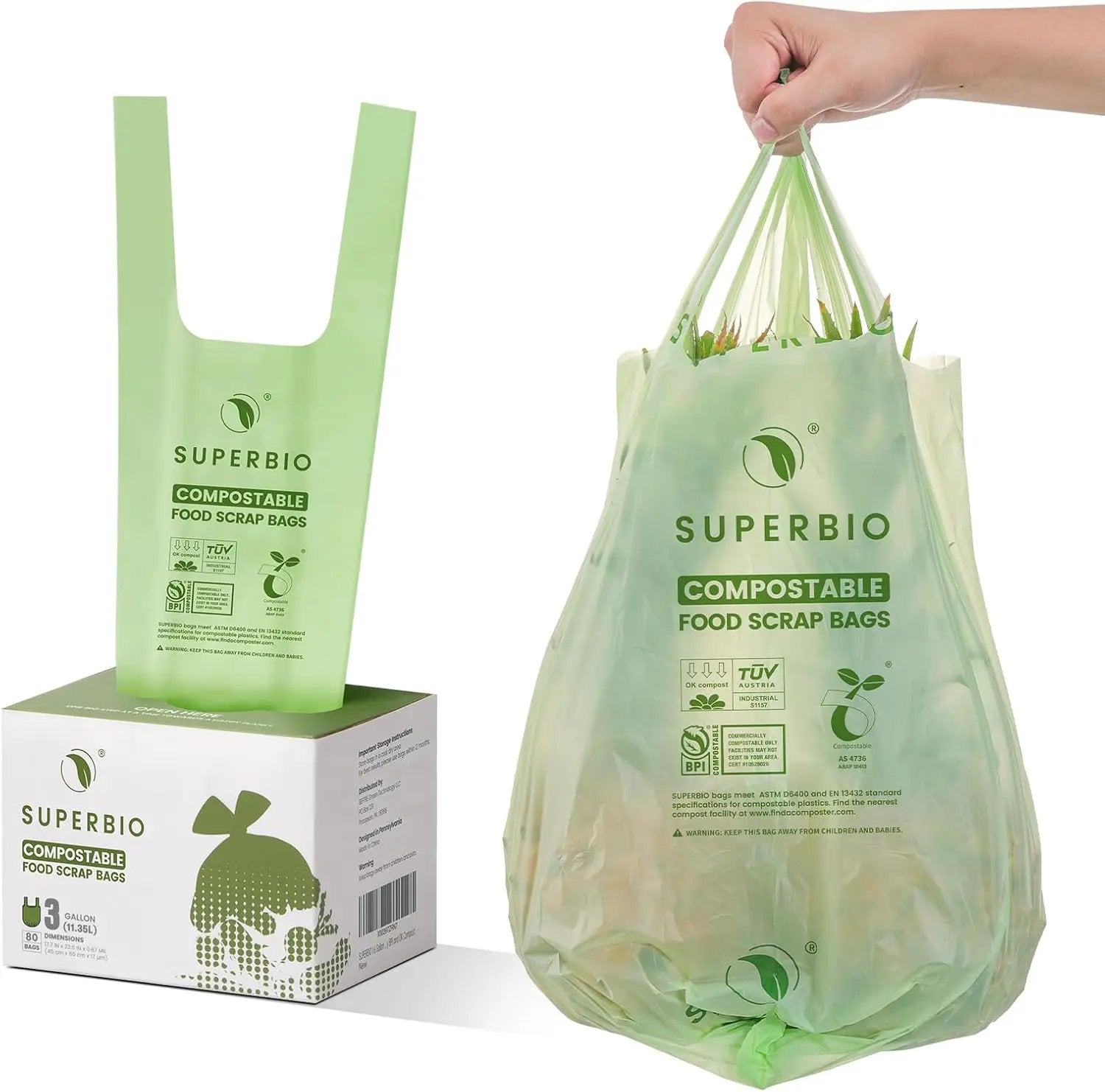 SUPERBIO 3 Gallon Compostable Food Waste Bags, 80 Count, Food Scrap Bags with Handles, ASTM D6400, BPI and OK compost INDUSTRIAL by GreenHaven Gardens