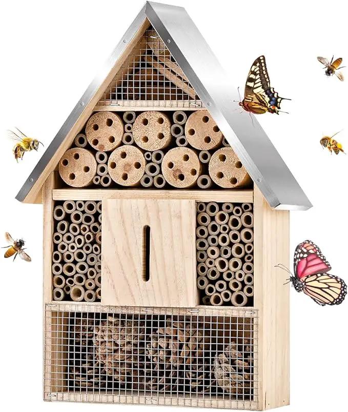 Wooden Mason Insect Bee Butterfly House,Insect Hotel,an Outdoor Hanging Bamboo Habitat for Bee Butterfly Ladybugs Live,Bee Box,Butterfly Habitat for Garden,9 x 15.7 x 2.5 Inch by GreenHaven Gardens