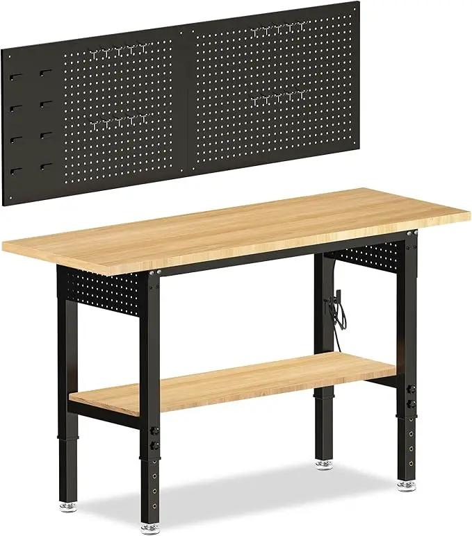 Adjustable Height Workbench, Heavy Duty Table Rubber Wood Workstation with Power Outlet & Pegboard for Garage, Office, Workshop, Home,Commercial (60"×22"|Shelf) by GreenHaven Gardens