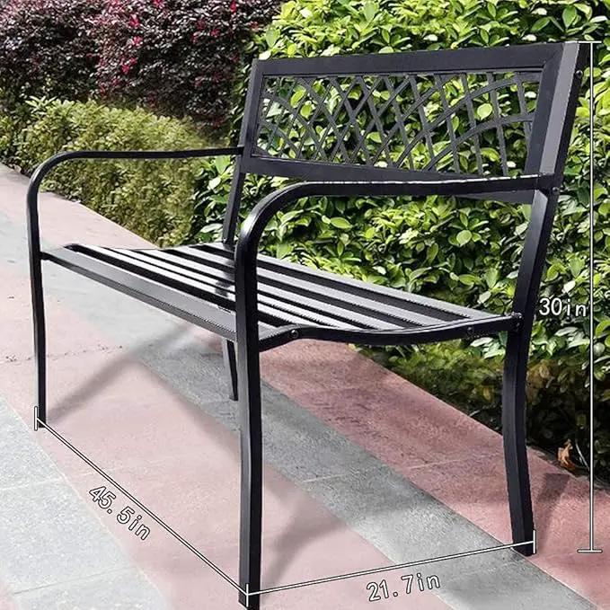 Garden Bench,Outdoor Benches,Iron Steel Frame Patio Bench with Mesh Pattern and Plastic Backrest Armrests for Lawn Yard Porch Work Entryway,Black by GreenHaven Gardens
