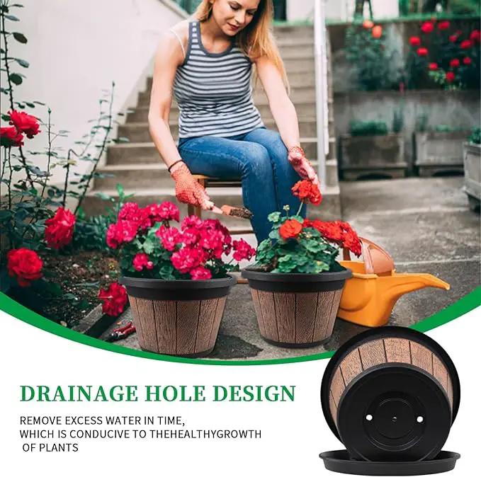 Quarut Large 4 Pack 14 inch Plant Pots,Whiskey Barrel Planters with Drainage Holes & Saucer,Plastic Decoration Flower Pots Retro Design,Planters for Outdoor Indoor Garden Balcony Plants (Brown) by GreenHaven Gardens