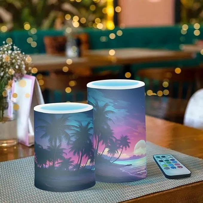 Flickering Flameless Candles, Palm Tree Beach Tropical LED Candles with Remote Timer, Set of 2 Battery Operated Candle for Valentine Wedding Birthday by GreenHaven Gardens