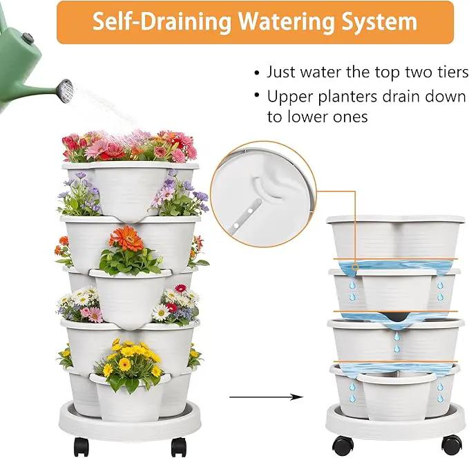VECELO 5 Tier Vertical Garden Planter, Self Watering Stackable Planters with Wheels for Strawberries, Herbs, Flowers, Vegetables, Gray by GreenHaven Gardens