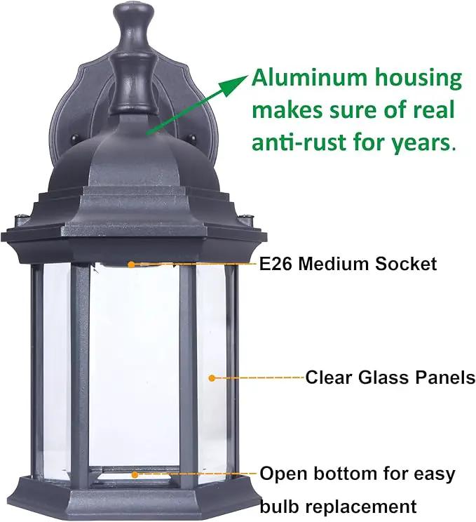 LIT-PaTH Outdoor Wall Lantern, Wall Sconce as Porch Lighting Fixture, E26 Medium Base Max 60W, Aluminum Housing Plus Glass, Matte Black Finish, 2-Pack by GreenHaven Gardens