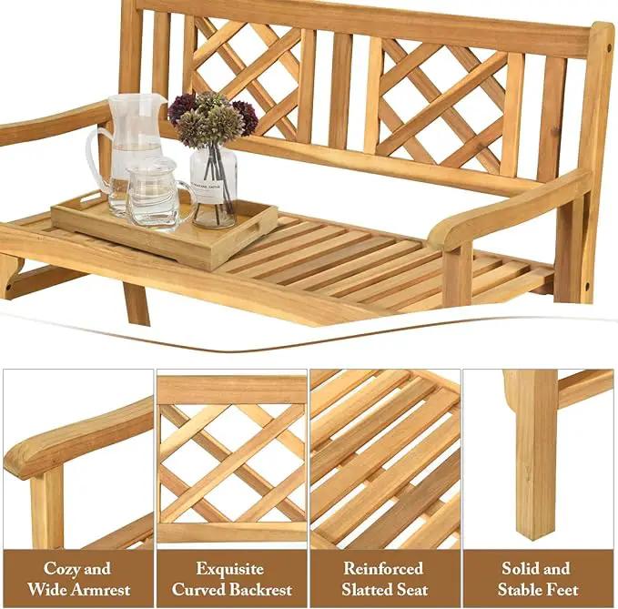 Giantex 4 Ft Foldable Outdoor Bench, Acacia Wood Outside Loveseat with Curved Backrest and Armrest, 705Lbs Weight Capacity, Garden Bench for Patio, Park, Porch, Balcony by GreenHaven Gardens