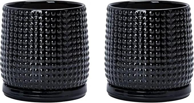 D'vine Dev Set of 2 Ceramic Plants Pots, 6 Inch Beaded Stoneware Flower Pot for Plants with Drainage Hole and Saucer, Glossy Black, 27-E-X-2 by GreenHaven Gardens