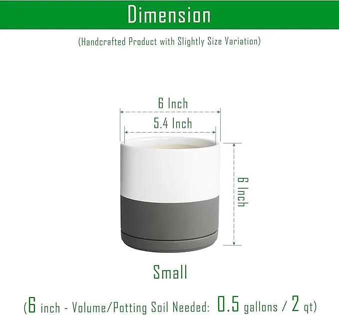 D'vine Dev Set of 2 Plants Pots, 6 Inch Ceramic Planter Pot for Plants with Drainage Hole and Saucer, White-Grey/Black-Tan, 94-V-C-C by GreenHaven Gardens