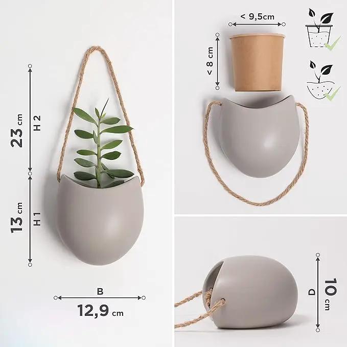 Wall Planters -Ellie- | Hanging Ceramic Plant Pots 3 Pieces | Wall Decoration for Indoors, Balcony and Garden | Light Grey (Matte) by GreenHaven Gardens
