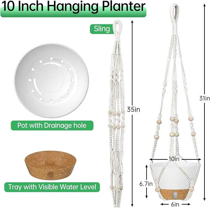 ZMTECH 2 Pack 10 Inch White Hanging Planters with Macrame Plant Hanger for Indoor and Outdoor Plants, Self Watering, Drainage Hole, Visible Level Tray by GreenHaven Gardens