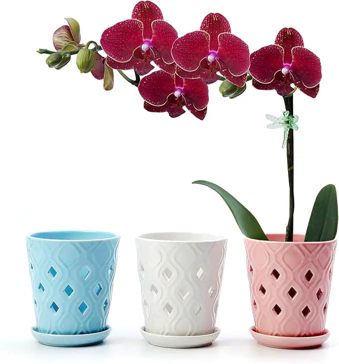 Whispering Winds Ceramic 5 x 6 Inch Orchid Pot with Holes & Saucer for Aeration and Drainage - Decorative Orchid Pots for Repotting, Prevent Over Watering & Root Rot (Cavern Pink) by GreenHaven Gardens