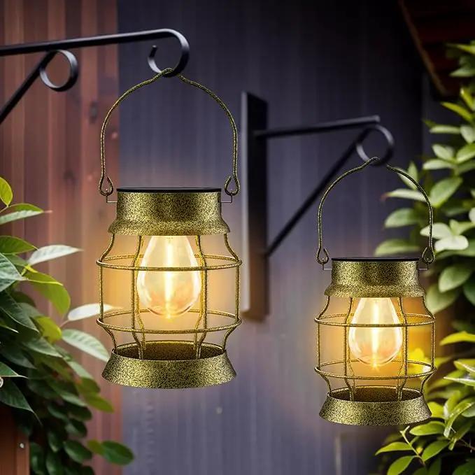 Solar Lantern 2 Pack Solar Outdoor Lights Metal Hanging Lights for Outside Waterproof Retro Design with Edison Bulb Decorative for Patio Porch Fence Garden Lawn by GreenHaven Gardens