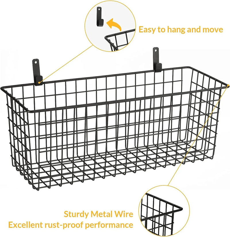 2 Sets Extra Large Hanging Wall Basket, Black Metal Wire Baskets with Steel Hooks for Organizing, WallmountedFruit Vegetable Toy Snack Storage, Home Kitchen Bathroom Laundry Pantry Organizer by GreenHaven Gardens
